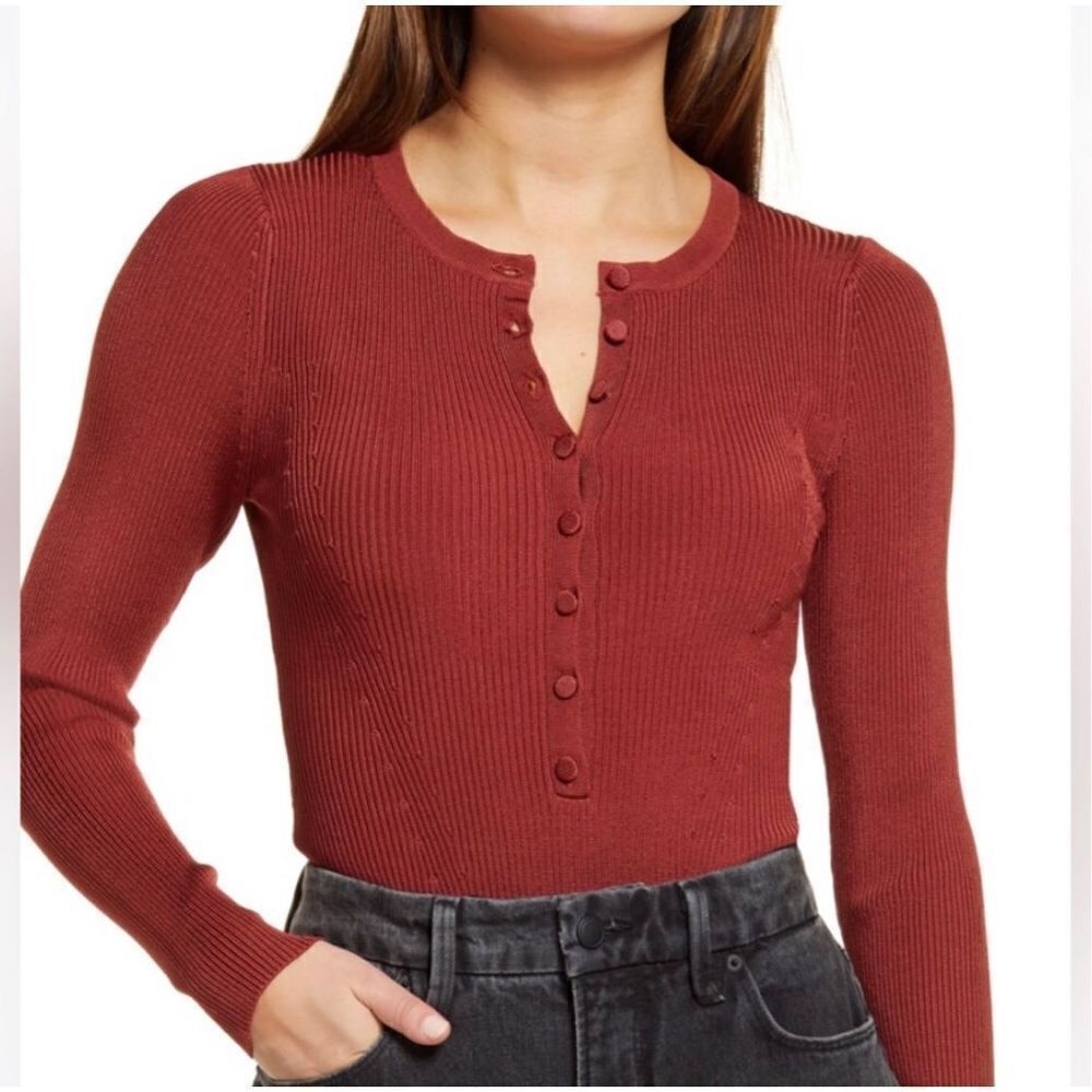 Good American XS Ribbed Knit Long Sleeve Bodysuit in Brick